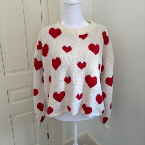 White and Red Hearts Fluffy Crew Neck Long Sleeve Pullover Sweater, L, by C+D+M - Picture 1 of 11